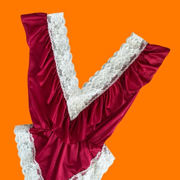 70's 80's vintage romantic ruffled lace teddy hi cut lingerie one piece SMALL - Picture 2 of 8